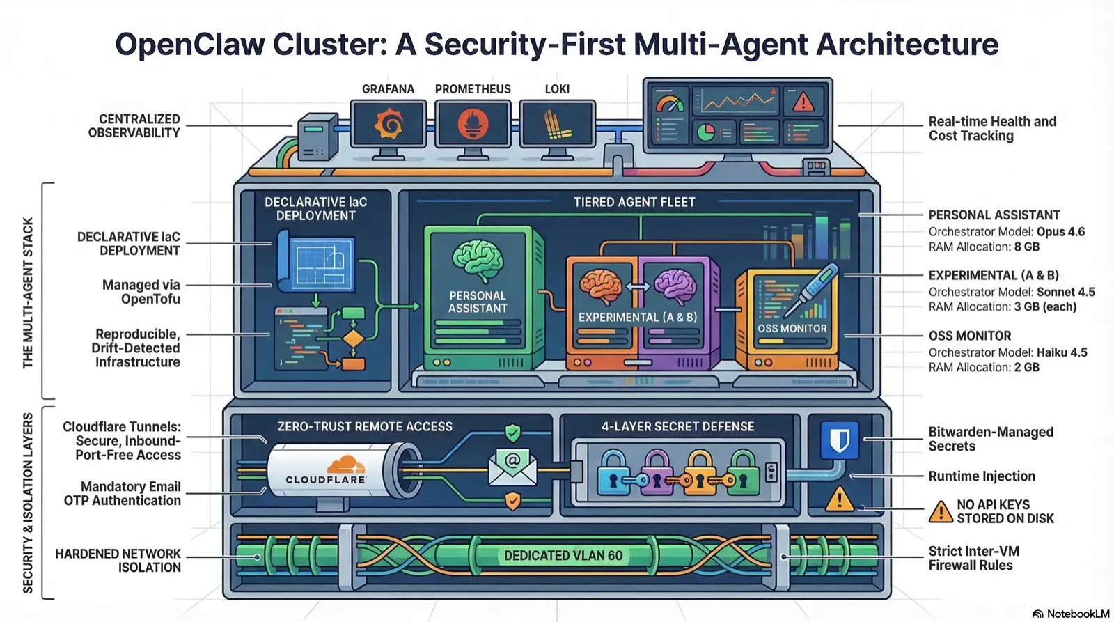 Architecture diagram of the OpenClaw cluster showing the observability stack, tiered agent fleet, and security and isolation layers