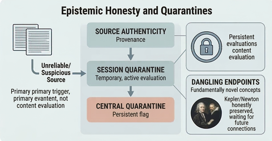 Diagram showing the two-level quarantine system: session quarantine and central quarantine, with source authenticity evaluation and dangling endpoints